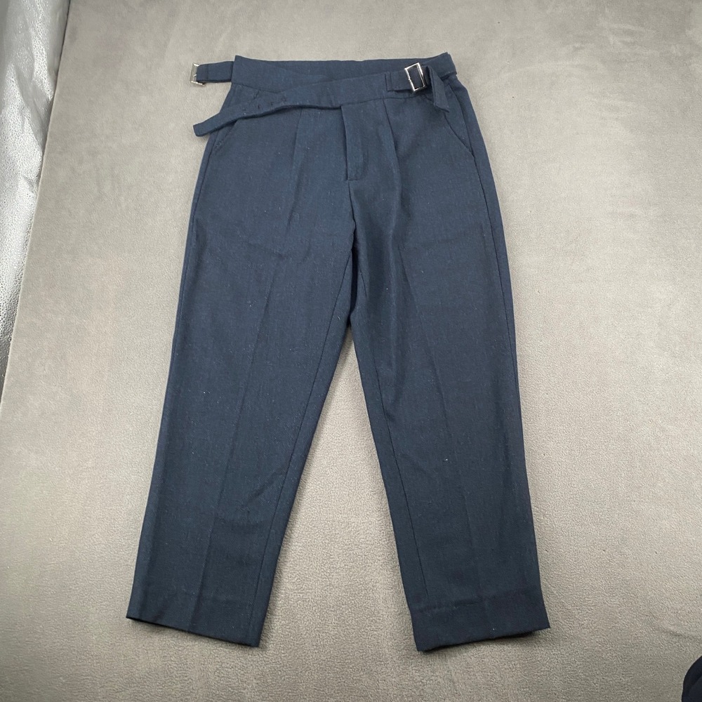 Pattern Vintage Navy Herringbone Pleated Trousers Side Buckle Tapered Pants 30 S